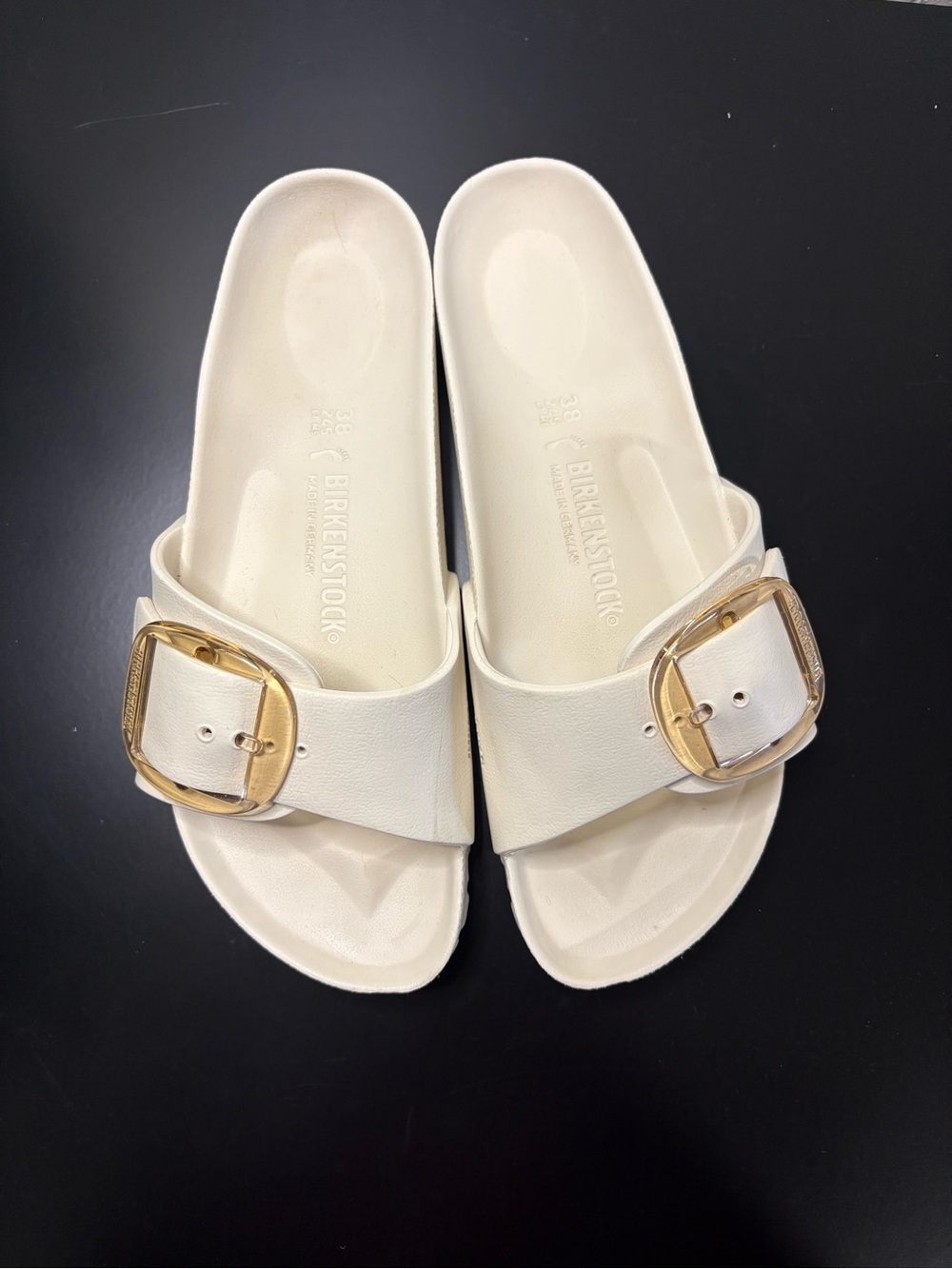 Birkenstock Cream Madrid Slide Sandals with Gold Buckles